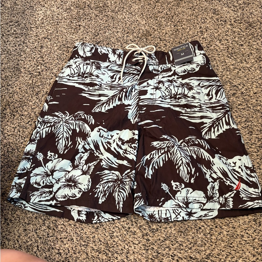 Nautica Dark chocolate and Teal Tropical Swim Shorts